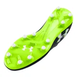 Championes de fútbol Under Armour Magnetico Pro 4 FG, color gris oscuro con detalles en negro y verde flúor. Presentan el logo de Under Armour en blanco en el lateral y suela con tapones para césped natural.