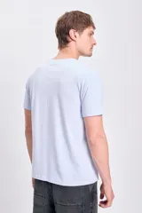 Remera celeste de manga corta con estampa de una palmera en el pecho.