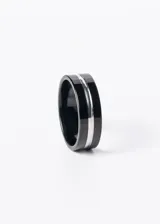 Anillo negro de acero quirúrgico hipoalergénico con línea plateada en el centro.