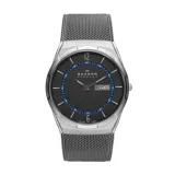 Reloj de acero gris con fondo negro y correa de malla milanesa, resistente al agua.