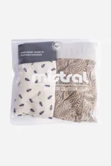 Pack de dos bóxers estampados, uno con diseño geométrico en tonos marrones y cintura elástica negra, y otro con estampado floral en tonos azules y cintura elástica gris.