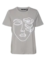 Camiseta gris de algodón con estampado de una cara de mujer con una rosa.