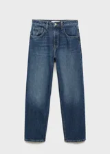 Pantalón de jean azul de corte recto, tiro alto y cinco bolsillos.