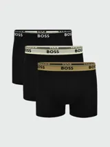 Bóxer negro de corte trunk con cintura elástica color beige y logo de la marca BOSS en marrón.