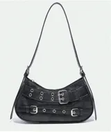Bolso de mano negro con detalles en hebilla y ojales, diseño moderno y versátil.