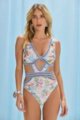 Body de biquini con estampado de corales y flores, con recortes en la cintura y escote en V.