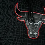 Canguro negro con textura de piel de serpiente, logo de los Chicago Bulls bordado en el pecho y letras "Bulls" estampadas en la manga.