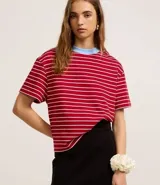 Remera de mangas cortas con cuello redondo contrastante y rayas horizontales.