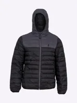 Campera de nylon con diseño a dos tonos, con cuello subido, mangas largas y puños elásticos.