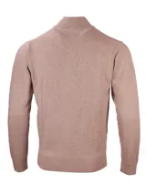 Sweater color café de tejido de punto, con cuello alto, cierre frontal completo y mangas largas.
