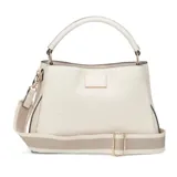 Cartera Guess modelo Jarson color beige, de tamaño grande, con doble asa (de mano y bandolera ajustable).