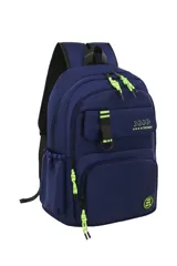 Mochila azul con detalles en verde neón, con múltiples bolsillos y cierre con cremallera.