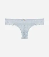 Bombacha bikini hilo color rosa con encaje floral y moña en la cintura.