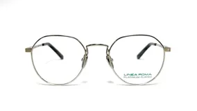 Armazón de anteojos de metal plateado, con forma redonda y patillas negras. Marca Linea Roma, modelo 119 col 2 18K Platinum Plated.