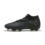 Championes de fútbol Puma Future 8 Ultimate FG, color negro con detalles en verde lima y suela translúcida.