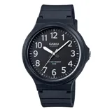 Reloj analógico Casio MW240-1BVDF con caja de resina negra de 47mm y correa de resina negra. Esfera negra con números arábigos blancos y agujas luminiscentes. Resistente al agua hasta 50 metros.