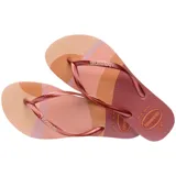 Ojotas Havaianas Slim Palette Glow con base estampada en tonos beige, rosa y marrón, y tiras finas color cobre.