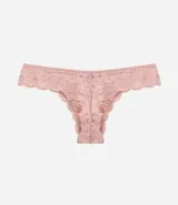 Bombacha bikini hilo color rosa con encaje floral y moña en la cintura.
