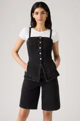 Chaleco negro de jean con corte tipo corset, breteles anchos, cierre frontal con botones y peplum.