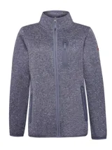 Campera micropolar azul con cierre completo, cuello alto y bolsillos laterales con cierre.