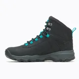 Bota de trekking impermeable de cuero negro con cordones turquesa, suela de goma gris y logo de la marca en el lateral.
