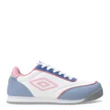 Championes deportivos Umbro modelo Lane Lady para mujer. Presentan una capellada blanca con recortes en celeste y rosado, cierre mediante cordones blancos y suela de goma gris. Incluyen el logotipo de la marca en el lateral.