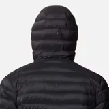 Campera negra con capucha, rellena de plumón de 650 cuins, con cierre frontal completo y bolsillos laterales con cierre.