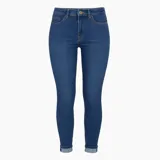 Jean skinny elastizado color azul clásico, de tiro alto y corte ajustado.