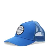 Gorra de béisbol azul con paneles frontales rígidos y paneles traseros de malla. Presenta un parche circular con el logo de la marca en el frente.