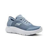 Championes deportivos Skechers Go Walk Flex, color celeste, con capellada de malla y material sintético, cordones elásticos, plantilla Skechers Air-Cooled Memory Foam, amortiguación ligera ULTRA GO y Flex Pillars para soporte adicional.