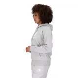 Canguro gris de mujer con logo apilado en blanco, diseño urbano y capucha con cordones.
