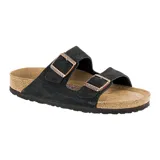 Sandalias Birkenstock Arizona con dos correas ajustables de cuero gamuzado color negro y hebillas metálicas color cobre. Plantilla anatómica de corcho y látex.
