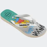 Ojotas Havaianas con estampado de los Simpsons, con base amarilla y celeste, y tiras negras.