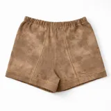 Short de tiro medio con cintura elastizada, confeccionado en mezcla de lino y algodón. Presenta un estampado marmolado artesanal en tonos marrones y beige, con detalle de entredos teñido a tono.
