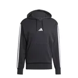 Canguro Adidas Essentials Pocket negro con capucha y bolsillo tipo canguro. Tiene el logo de Adidas bordado en el pecho y las tres tiras blancas características de la marca en las mangas.