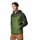 Campera Columbia con capucha, color verde oliva en la parte superior y gris claro en la parte inferior. Cuenta con cierre frontal, bolsillos laterales con cierre y logo de la marca en el pecho.