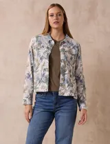 Camperita de lino estampada marca Dash, con abertura central con botones y bolsillos delanteros.