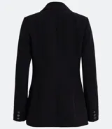 Blazer negro de poliéster con frente cruzado, manga larga, abotonado y bolsillos.