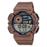 Reloj digital Casio WS1500H-5AVDF, color marrón con detalles en negro y azul. Resistente al agua hasta 100 metros, con funciones de cronómetro, temporizador, alarma y luz LED.