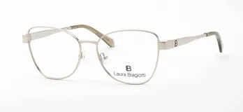 Armazón para lentes Laura Biagiotti modelo 71, color plateado con detalles en marrón en las patillas. Diseño moderno con forma irregular y logo de la marca en el lateral.