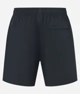 Bermuda negra de poliéster con cintura elastizada ajustable con cordón, bolsillo trasero y etiqueta gomosa en el frente.