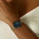 Reloj Rosefield con caja dorada, esfera negra con textura y pulsera de eslabones dorados.