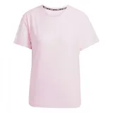 Remera deportiva Adidas Own The Run para mujer, color rosa pálido con tres tiras blancas en las mangas.