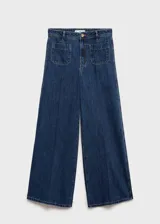 Pantalón de jean azul oscuro, corte wideleg, tiro alto y bolsillos de parche frontales.