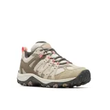 Zapatillas de senderismo Merrell Accentor 3 para mujer, color beige con detalles en marrón y rosa. Fabricadas con empeine de ante y malla transpirable, cordones y refuerzos reciclados, puntera de goma protectora y suela de goma adherente.