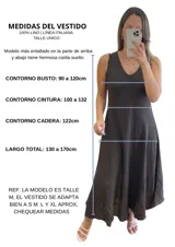 Vestido largo confeccionado en 100% lino, de diseño sin mangas con escote en V y detalles desflecados en sisas y ruedo. Presenta un corte holgado y fluido ideal para el verano.