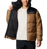 Campera puffer Columbia Puffect II Hooded para hombre, color marrón con capucha y parte superior en negro. Cuenta con aislamiento Thermarator™, tejido deperlante al agua, protector de mentón, bolsillos laterales con cremallera y puños elásticos.