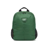 Mochila Caterpillar color verde con diseño geométrico en relieve. Cuenta con un compartimento principal con cierre de cremallera, un bolsillo interior para objetos pequeños y un compartimento trasero acolchado para laptop. Tiene tirantes ajustables de malla elástica, asa de mano y logo de la marca en el frente.