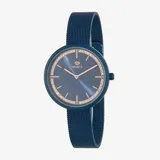 Reloj Marea modelo B4136905 para dama, con movimiento de cuarzo japonés de dos agujas, caja de acero color azul con bisel adornado con strass, dial azul con agujas doradas, brazalete de acero tipo malla color azul y resistencia al agua de 3 ATM.