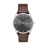 Reloj Skagen modelo Holst con caja plateada de acero inoxidable de 34mm y esfera gris oscura. Correa de cuero marrón.